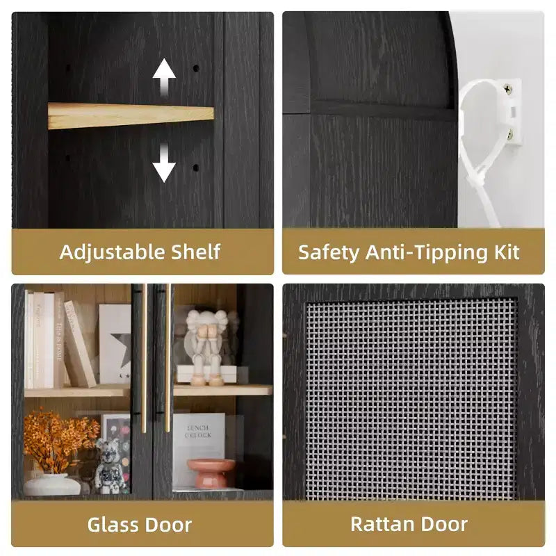 63 Tall Arched Storage Cabinet 5 Tier Glass Rattan Door Black