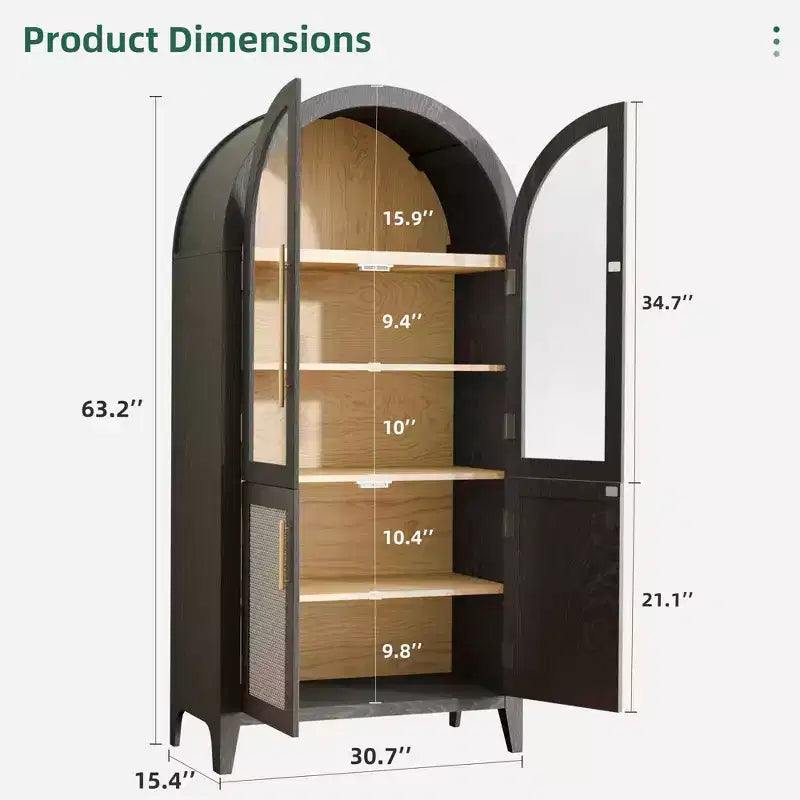 63 Tall Arched Storage Cabinet 5 Tier Glass Rattan Door Black