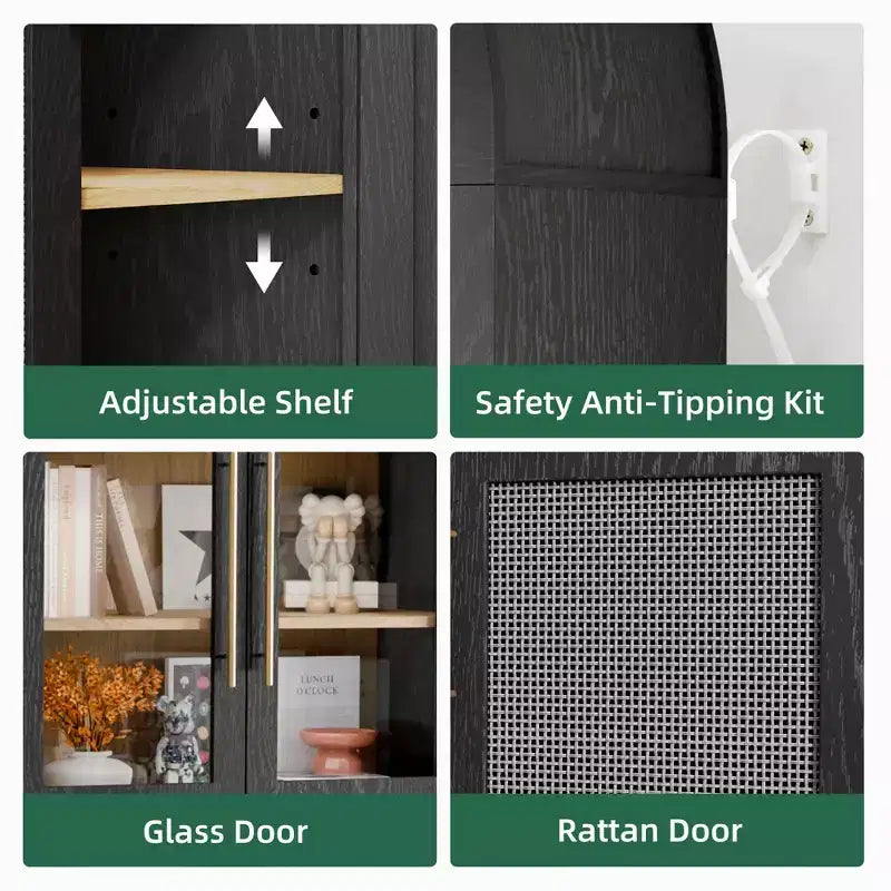 63 Tall Arched Storage Cabinet 5 Tier Glass Rattan Door Black