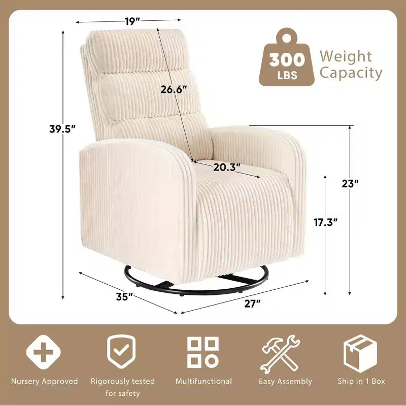 Fauteuil de Maternité Berçant Pivotant Tissu Velours Côtelé avec Coussin Épais, Chaise Confortable à Dossier Haut - Beige