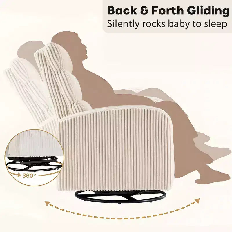 Fauteuil de Maternité Berçant Pivotant Tissu Velours Côtelé avec Coussin Épais, Chaise Confortable à Dossier Haut - Beige