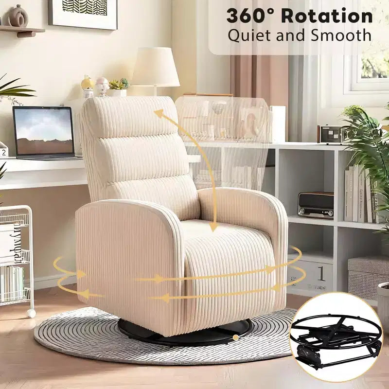 Fauteuil de Maternité Berçant Pivotant Tissu Velours Côtelé avec Coussin Épais, Chaise Confortable à Dossier Haut - Beige