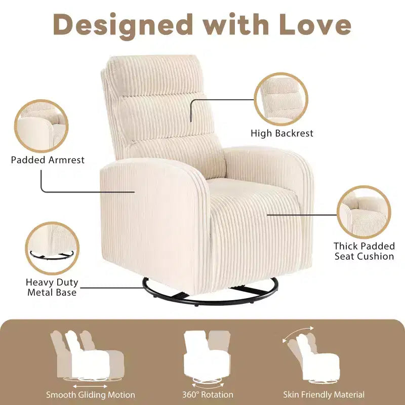 Fauteuil de Maternité Berçant Pivotant Tissu Velours Côtelé avec Coussin Épais, Chaise Confortable à Dossier Haut - Beige