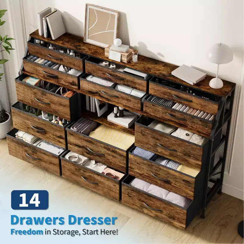 14-Drawer Dresser with Wood Top & 2 Shelves | Large Fabric Storage Organizer for Bedroom, Living Room & Closet