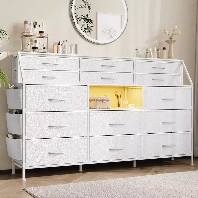 14-Drawer Dresser with Wood Top & 2 Shelves | Large Fabric Storage Organizer for Bedroom, Living Room & Closet