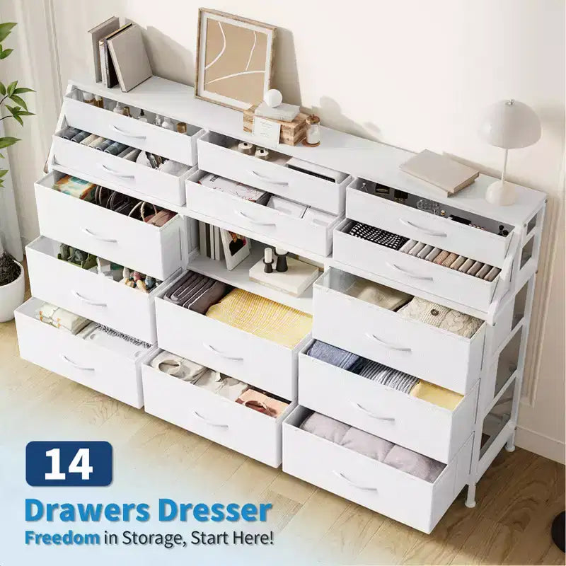 14-Drawer Dresser with Wood Top & 2 Shelves | Large Fabric Storage Organizer for Bedroom, Living Room & Closet