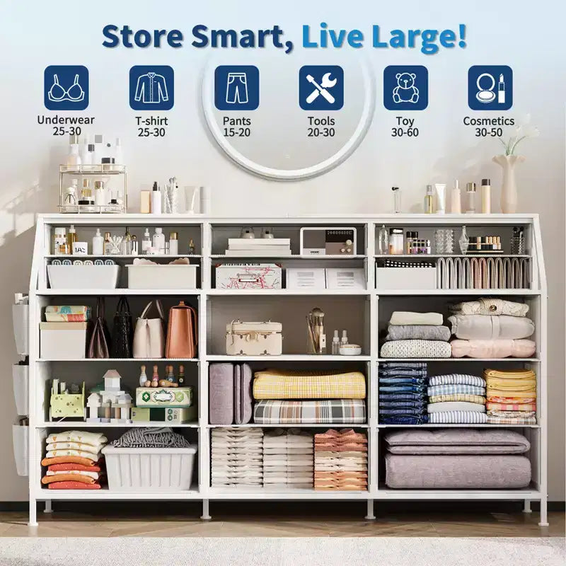 14-Drawer Dresser with Wood Top & 2 Shelves | Large Fabric Storage Organizer for Bedroom, Living Room & Closet