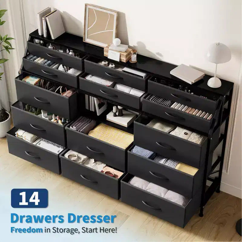 14-Drawer Dresser with Wood Top & 2 Shelves | Large Fabric Storage Organizer for Bedroom, Living Room & Closet