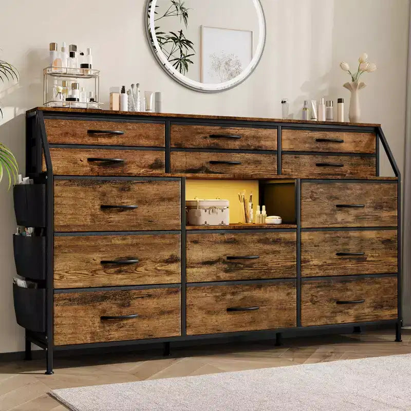 14-Drawer Dresser with Wood Top & 2 Shelves | Large Fabric Storage Organizer for Bedroom, Living Room & Closet