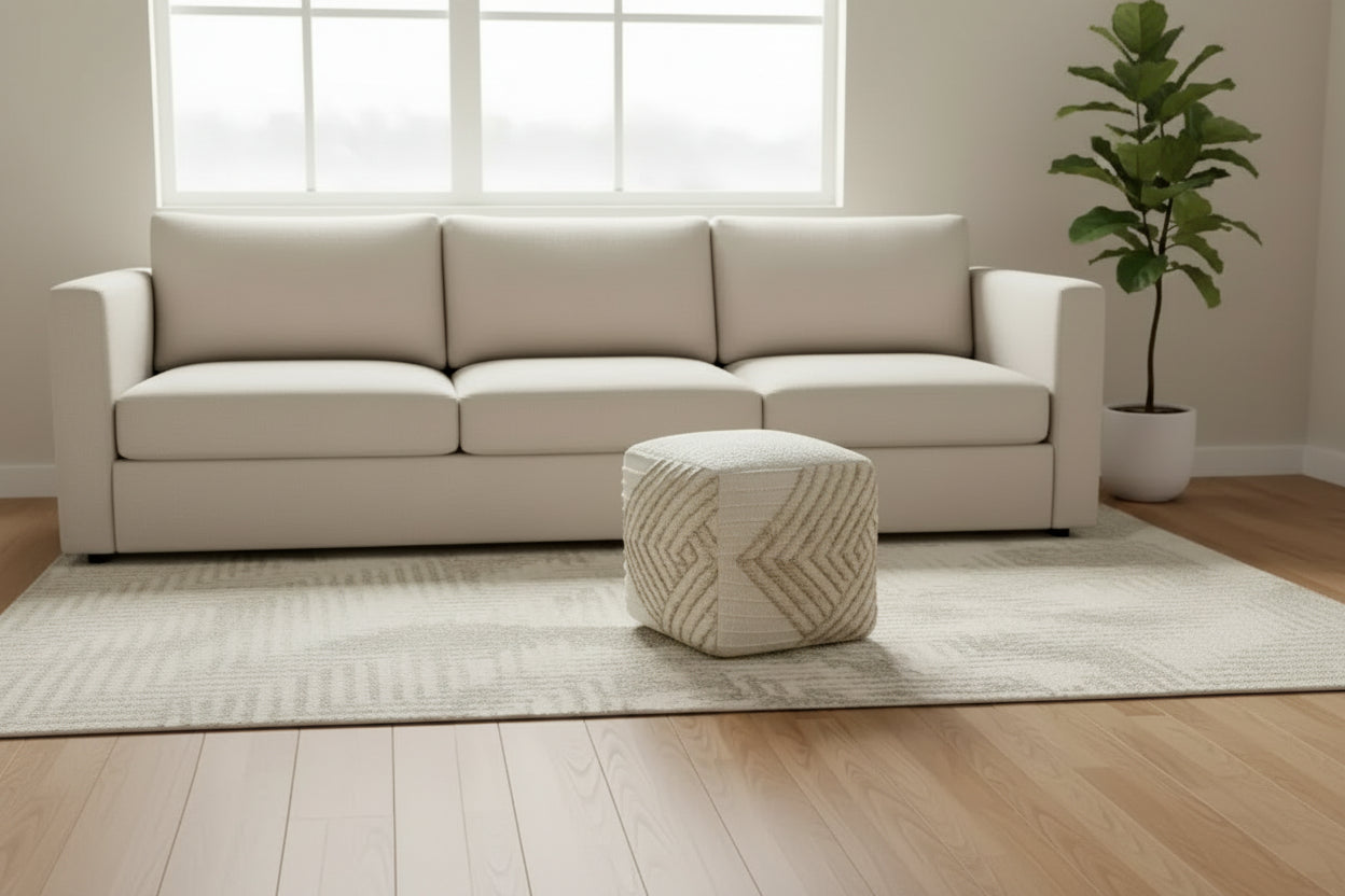 18 Natural and Off White Cotton Jute And Wool Geometric Cube Pouf Ottoman