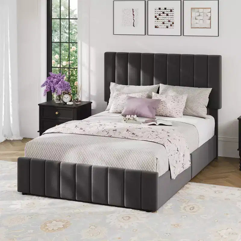Bed Frame, Linen Quilted Upholstered Platform Bed with Adjustable Headboard & 4 Storage Drawers, Sturdy Wooden Slats Support