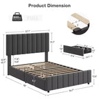 Bed Frame, Linen Quilted Upholstered Platform Bed with Adjustable Headboard & 4 Storage Drawers, Sturdy Wooden Slats Support