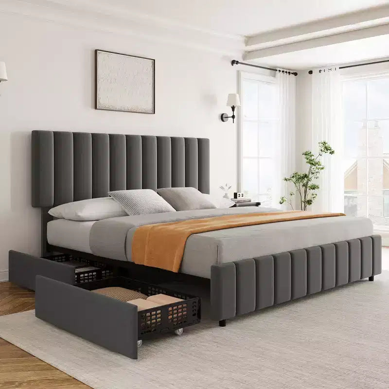 Bed Frame, Linen Quilted Upholstered Platform Bed with Adjustable Headboard & 4 Storage Drawers, Sturdy Wooden Slats Support