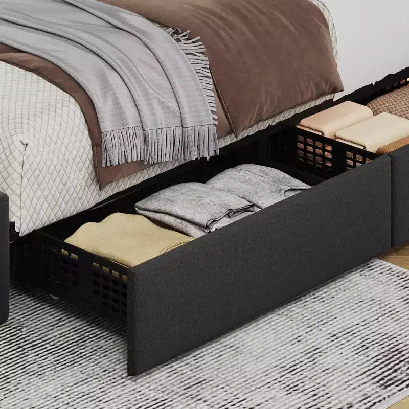 Bed Frame, Linen Quilted Upholstered Platform Bed with Adjustable Headboard & 4 Storage Drawers, Sturdy Wooden Slats Support