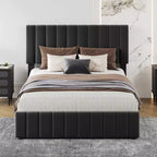 Bed Frame, Linen Quilted Upholstered Platform Bed with Adjustable Headboard & 4 Storage Drawers, Sturdy Wooden Slats Support