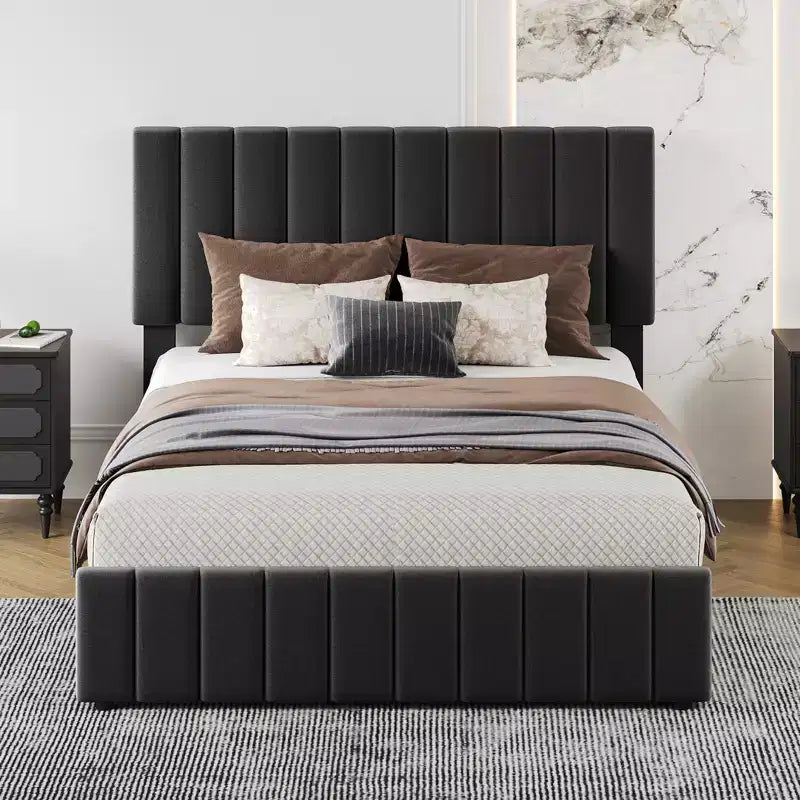 Bed Frame, Linen Quilted Upholstered Platform Bed with Adjustable Headboard & 4 Storage Drawers, Sturdy Wooden Slats Support