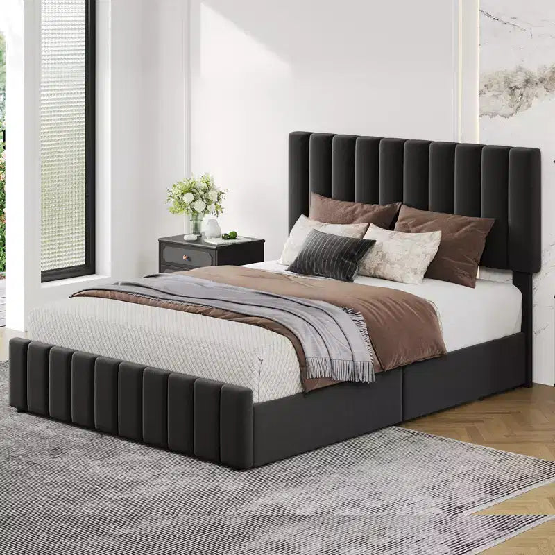 Bed Frame, Linen Quilted Upholstered Platform Bed with Adjustable Headboard & 4 Storage Drawers, Sturdy Wooden Slats Support