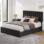 Bed Frame, Linen Quilted Upholstered Platform Bed with Adjustable Headboard & 4 Storage Drawers, Sturdy Wooden Slats Support