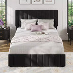 Bed Frame, Linen Quilted Upholstered Platform Bed with Adjustable Headboard & 4 Storage Drawers, Sturdy Wooden Slats Support