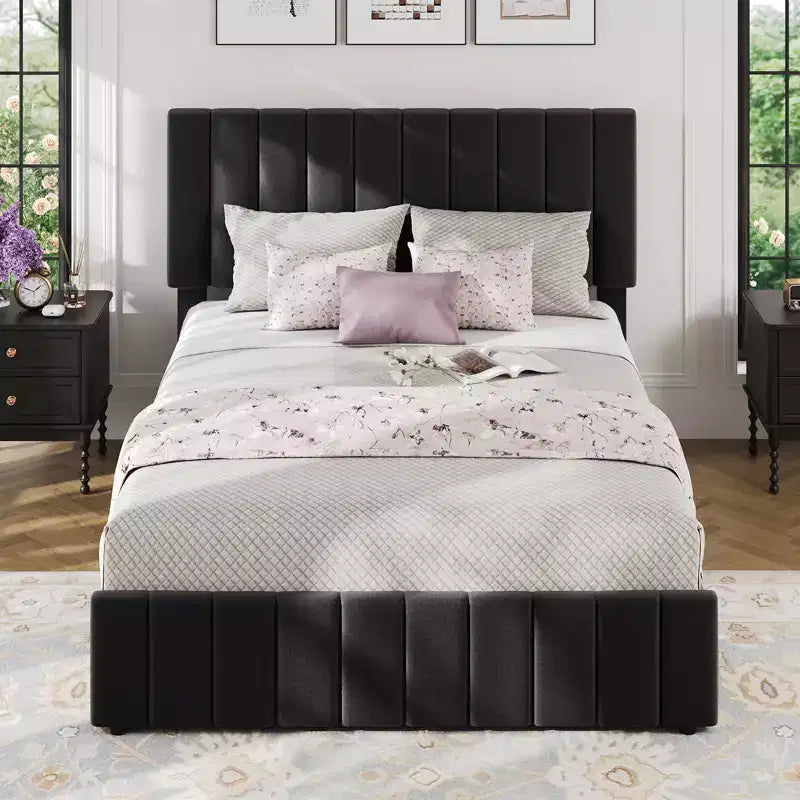 Bed Frame, Linen Quilted Upholstered Platform Bed with Adjustable Headboard & 4 Storage Drawers, Sturdy Wooden Slats Support