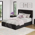 Bed Frame, Linen Quilted Upholstered Platform Bed with Adjustable Headboard & 4 Storage Drawers, Sturdy Wooden Slats Support