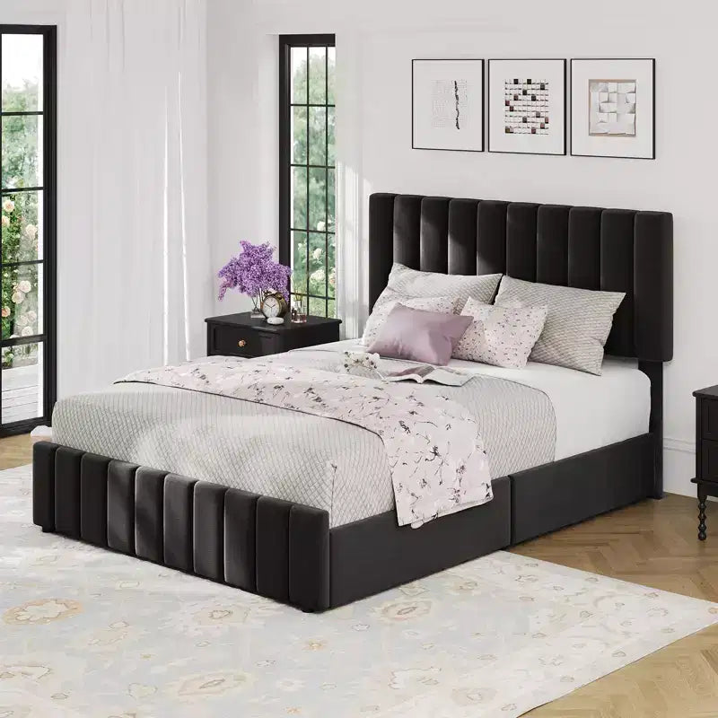 Bed Frame, Linen Quilted Upholstered Platform Bed with Adjustable Headboard & 4 Storage Drawers, Sturdy Wooden Slats Support