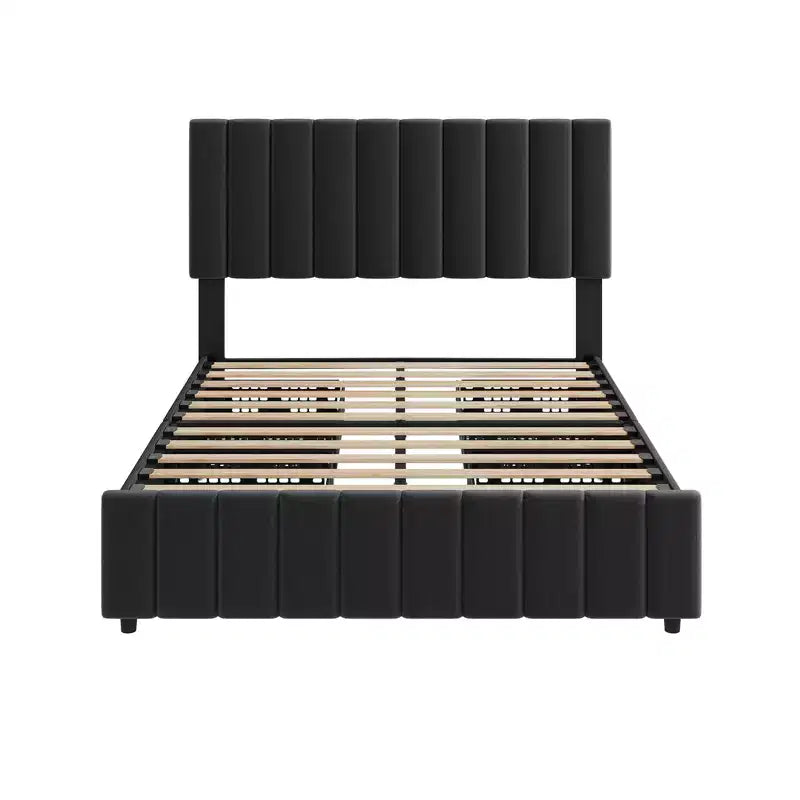 Bed Frame, Linen Quilted Upholstered Platform Bed with Adjustable Headboard & 4 Storage Drawers, Sturdy Wooden Slats Support