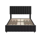 Bed Frame, Linen Quilted Upholstered Platform Bed with Adjustable Headboard & 4 Storage Drawers, Sturdy Wooden Slats Support