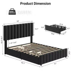 Bed Frame, Linen Quilted Upholstered Platform Bed with Adjustable Headboard & 4 Storage Drawers, Sturdy Wooden Slats Support