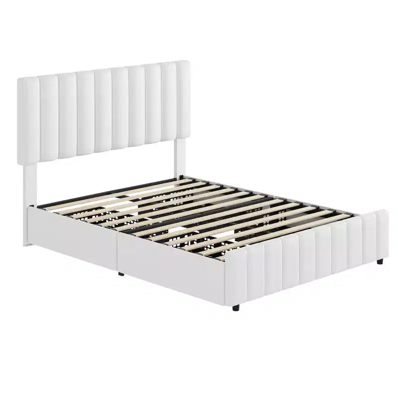 Bed Frame, Linen Quilted Upholstered Platform Bed with Adjustable Headboard & 4 Storage Drawers, Sturdy Wooden Slats Support