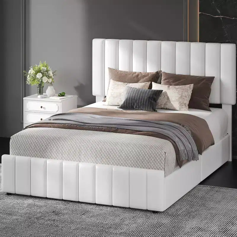 Bed Frame, Linen Quilted Upholstered Platform Bed with Adjustable Headboard & 4 Storage Drawers, Sturdy Wooden Slats Support