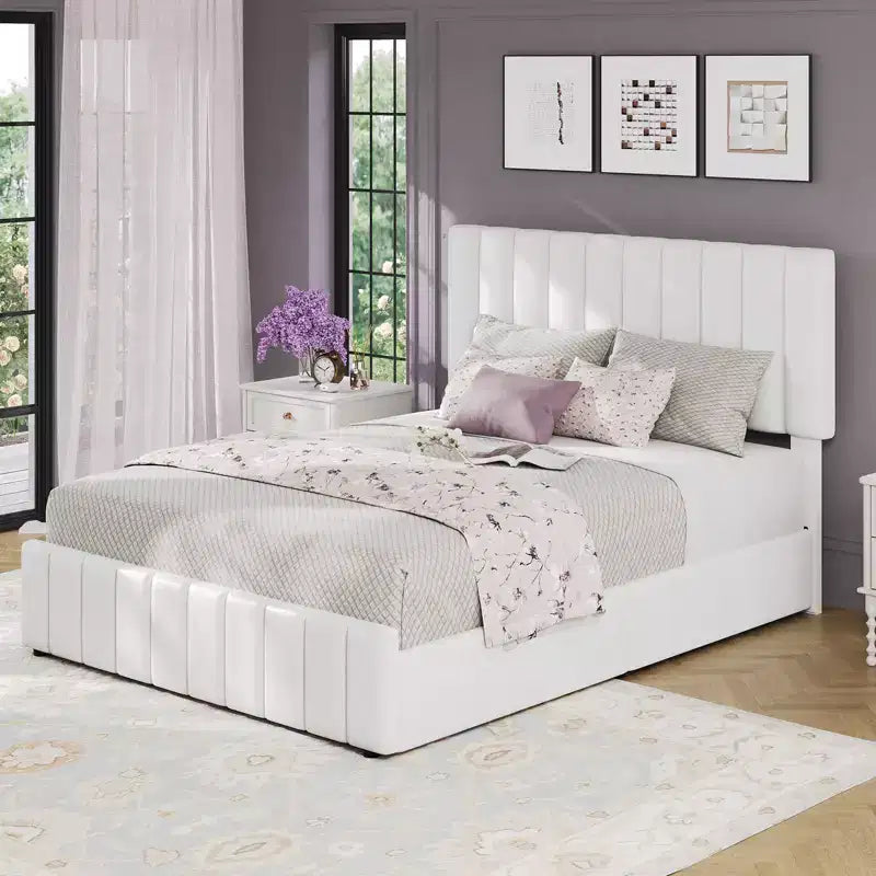 Bed Frame, Linen Quilted Upholstered Platform Bed with Adjustable Headboard & 4 Storage Drawers, Sturdy Wooden Slats Support