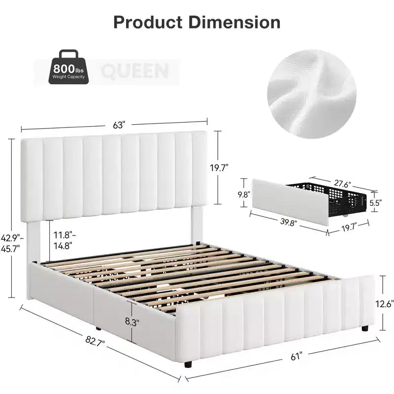 Bed Frame, Linen Quilted Upholstered Platform Bed with Adjustable Headboard & 4 Storage Drawers, Sturdy Wooden Slats Support