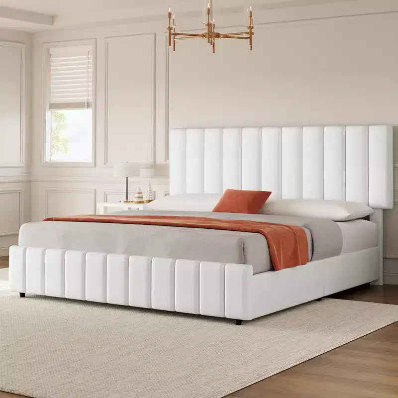 Bed Frame, Linen Quilted Upholstered Platform Bed with Adjustable Headboard & 4 Storage Drawers, Sturdy Wooden Slats Support
