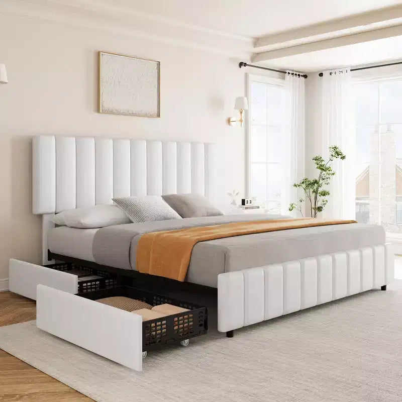 Bed Frame, Linen Quilted Upholstered Platform Bed with Adjustable Headboard & 4 Storage Drawers, Sturdy Wooden Slats Support