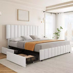 Bed Frame, Linen Quilted Upholstered Platform Bed with Adjustable Headboard & 4 Storage Drawers, Sturdy Wooden Slats Support