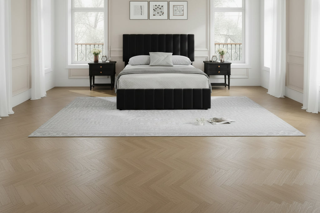 Bed Frame, Linen Quilted Upholstered Platform Bed with Adjustable Headboard & 4 Storage Drawers, Sturdy Wooden Slats Support