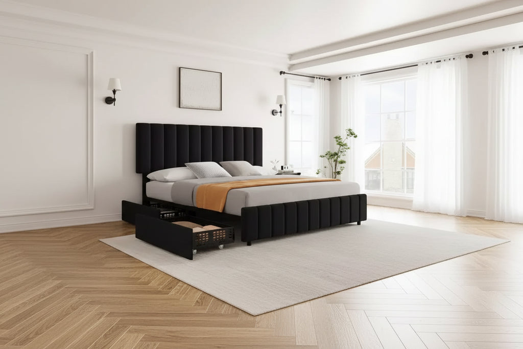 Bed Frame, Linen Quilted Upholstered Platform Bed with Adjustable Headboard & 4 Storage Drawers, Sturdy Wooden Slats Support