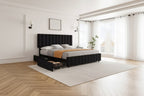 Bed Frame, Linen Quilted Upholstered Platform Bed with Adjustable Headboard & 4 Storage Drawers, Sturdy Wooden Slats Support