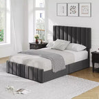 Bed Frame, Linen Quilted Upholstered Platform Bed with Adjustable Headboard & 4 Storage Drawers, Sturdy Wooden Slats Support