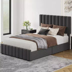 Bed Frame, Linen Quilted Upholstered Platform Bed with Adjustable Headboard & 4 Storage Drawers, Sturdy Wooden Slats Support