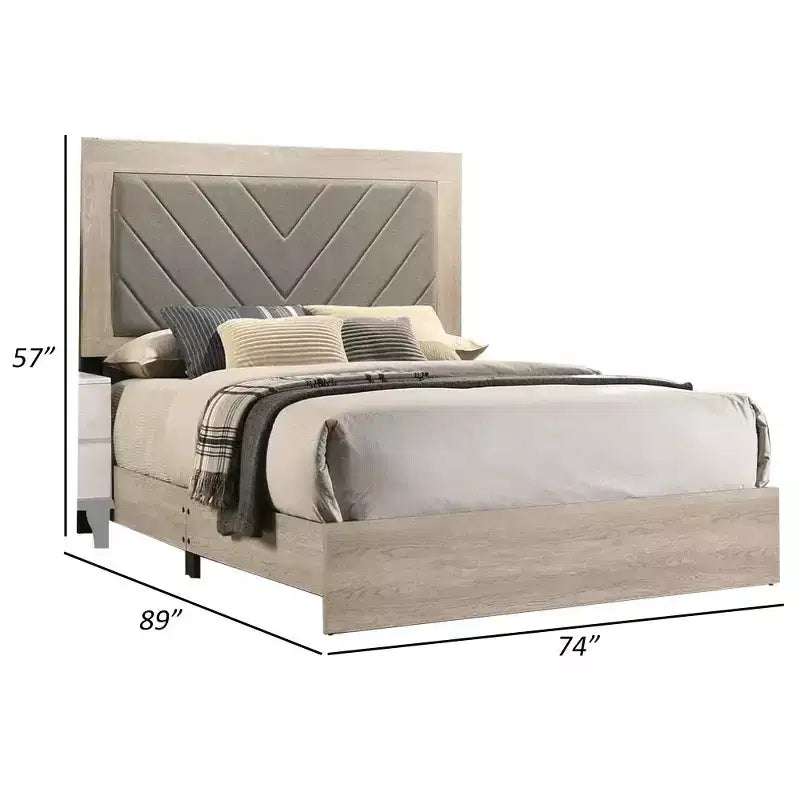Lit plateforme rembourré King, Tête de lit capitonnée grise, Blanc cassé