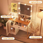 Coiffeuse avec miroir, 3 modes d'éclairage, prises et ports USB intégrés, tiroirs spacieux et meuble de rangement, table de maquillage pour chambre à coucher