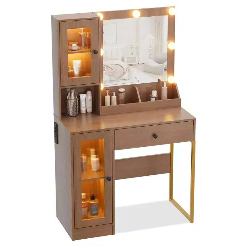 Vanity Desk with Mirror, 3 Lighting Modes Lights, Built-in Outlets & USB Ports, Spacious Drawers & Storage Cabinet, Makeup Dressing Table for Bedroom