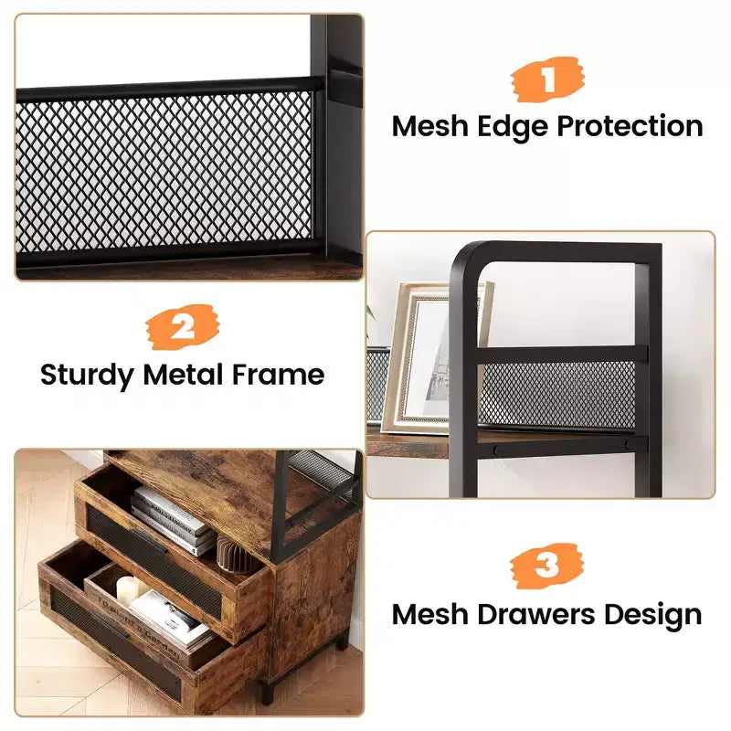 4-Tier Industrial Bookcase ,Bookshelf with Drawers Storage,70.87 Tall Display Racks Farmhouse Bookshelf Rustic Bookshelves