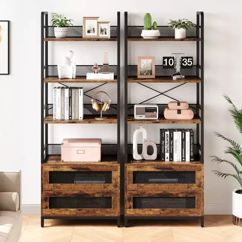 4-Tier Industrial Bookcase ,Bookshelf with Drawers Storage,70.87 Tall Display Racks Farmhouse Bookshelf Rustic Bookshelves