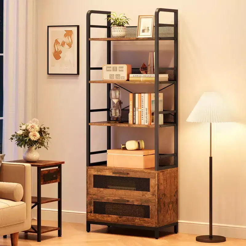 4-Tier Industrial Bookcase ,Bookshelf with Drawers Storage,70.87 Tall Display Racks Farmhouse Bookshelf Rustic Bookshelves