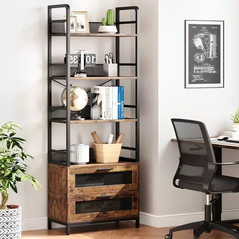 4-Tier Industrial Bookcase ,Bookshelf with Drawers Storage,70.87 Tall Display Racks Farmhouse Bookshelf Rustic Bookshelves