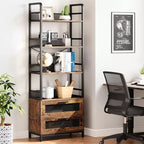 4-Tier Industrial Bookcase ,Bookshelf with Drawers Storage,70.87 Tall Display Racks Farmhouse Bookshelf Rustic Bookshelves