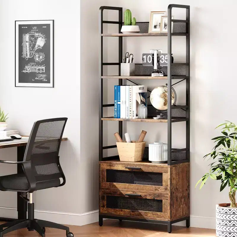 4-Tier Industrial Bookcase ,Bookshelf with Drawers Storage,70.87 Tall Display Racks Farmhouse Bookshelf Rustic Bookshelves